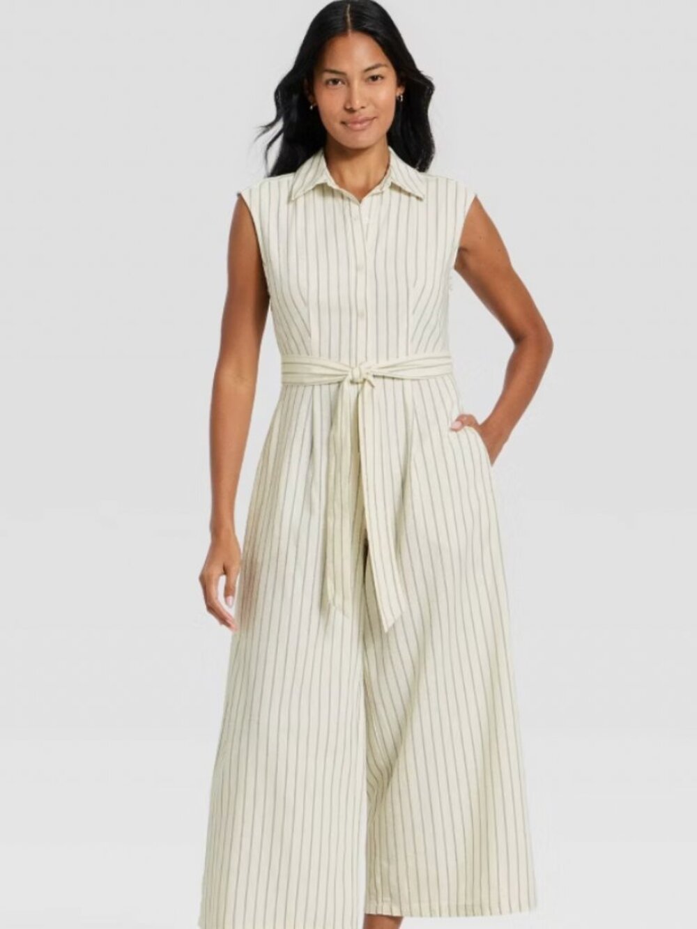 Belted Jumpsuit - White Pinstripe